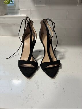 Zara Black Lace-Up T-Strap Pointed Toe Heels